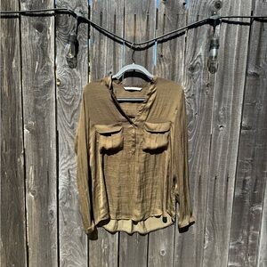 Zara Trafaluc Olive Green Military Style Pocket Long Sleeve Button Down Shirt M